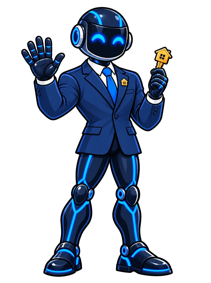 Next Tier Agent mascot, a friendly robot real estate agent waving