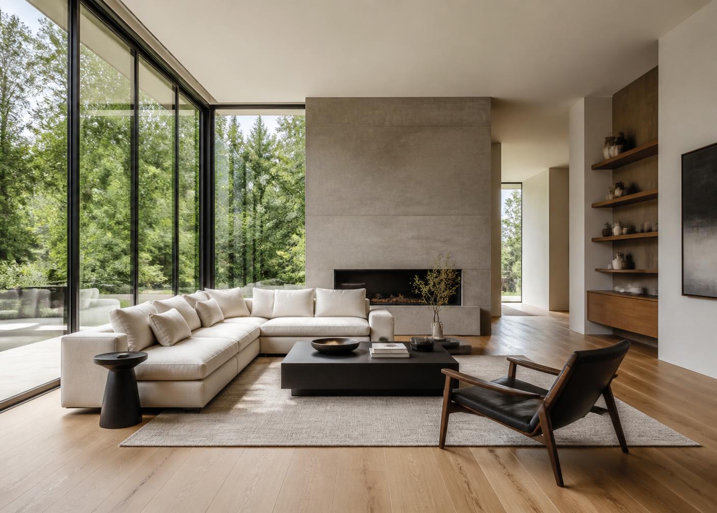 Bright modern living room with floor to ceiling windows