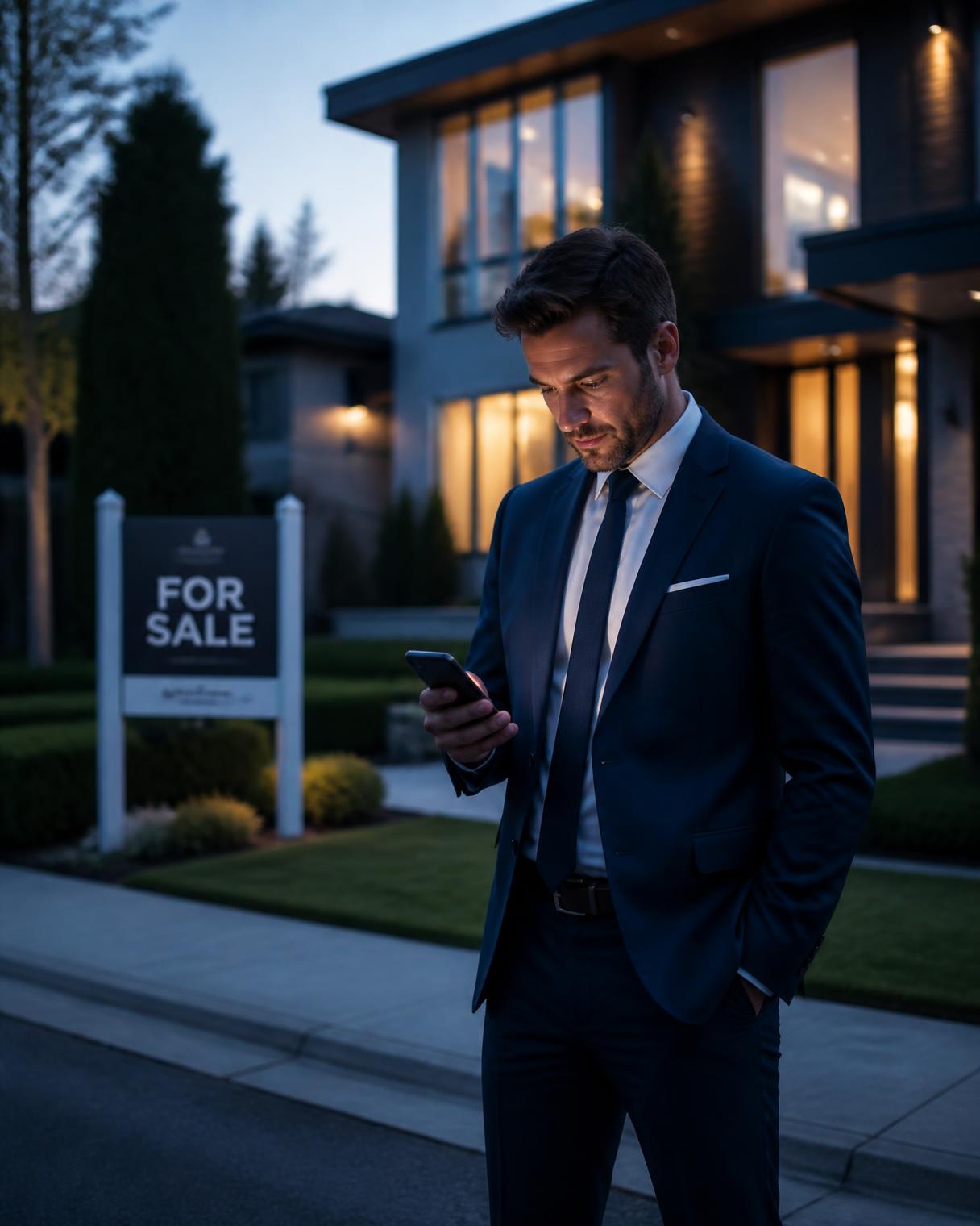 A Realtor standing outside a home with a For Sale sign, looking down at his phone with a thoughtful expression