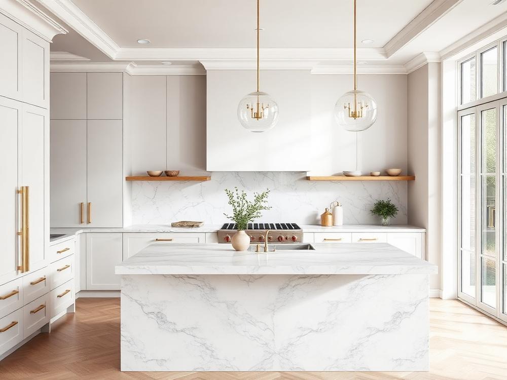 Bright modern kitchen with marble island