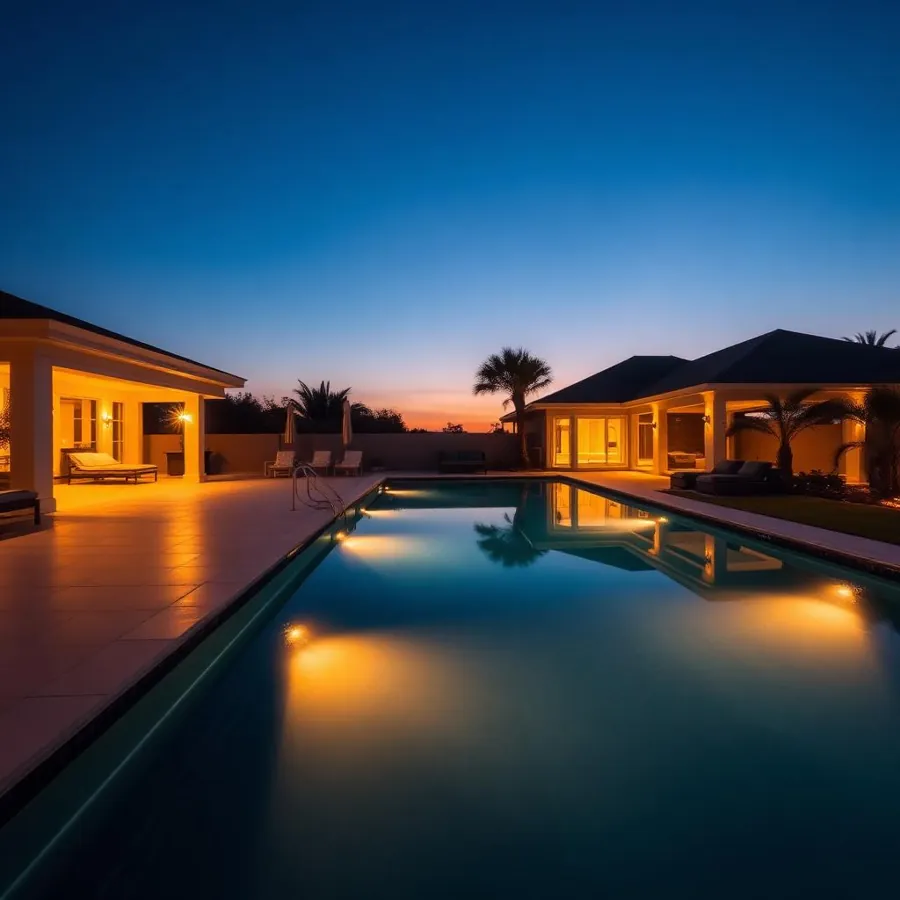Backyard pool at dusk